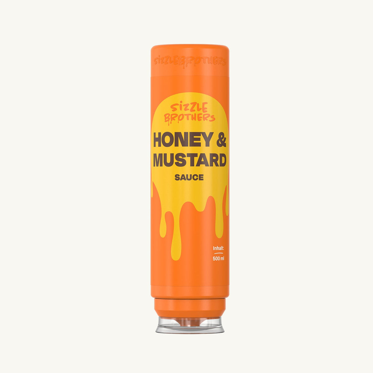 Sizzle Brothers Honey & Mustard Sauce 500 ml in orangefarbener Kopfstandflasche vor hellem Hintergrund