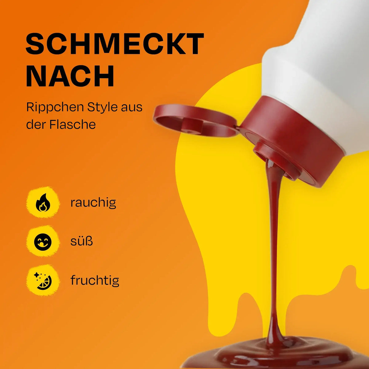 Dunkelrote Burger & Ribs BBQ-Sauce fließt aus der geöffneten Sizzle Brothers Flasche, Grafiktext: rauchig, süß, fruchtig