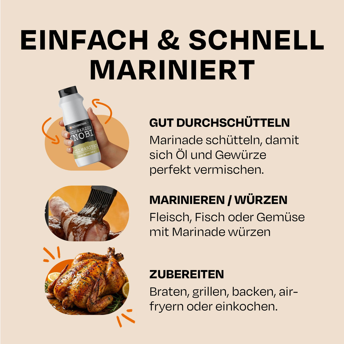 Sizzle Brothers Schwarzer Knobi Marinade in drei Schritten: gut schütteln, marinieren oder würzen, zubereiten