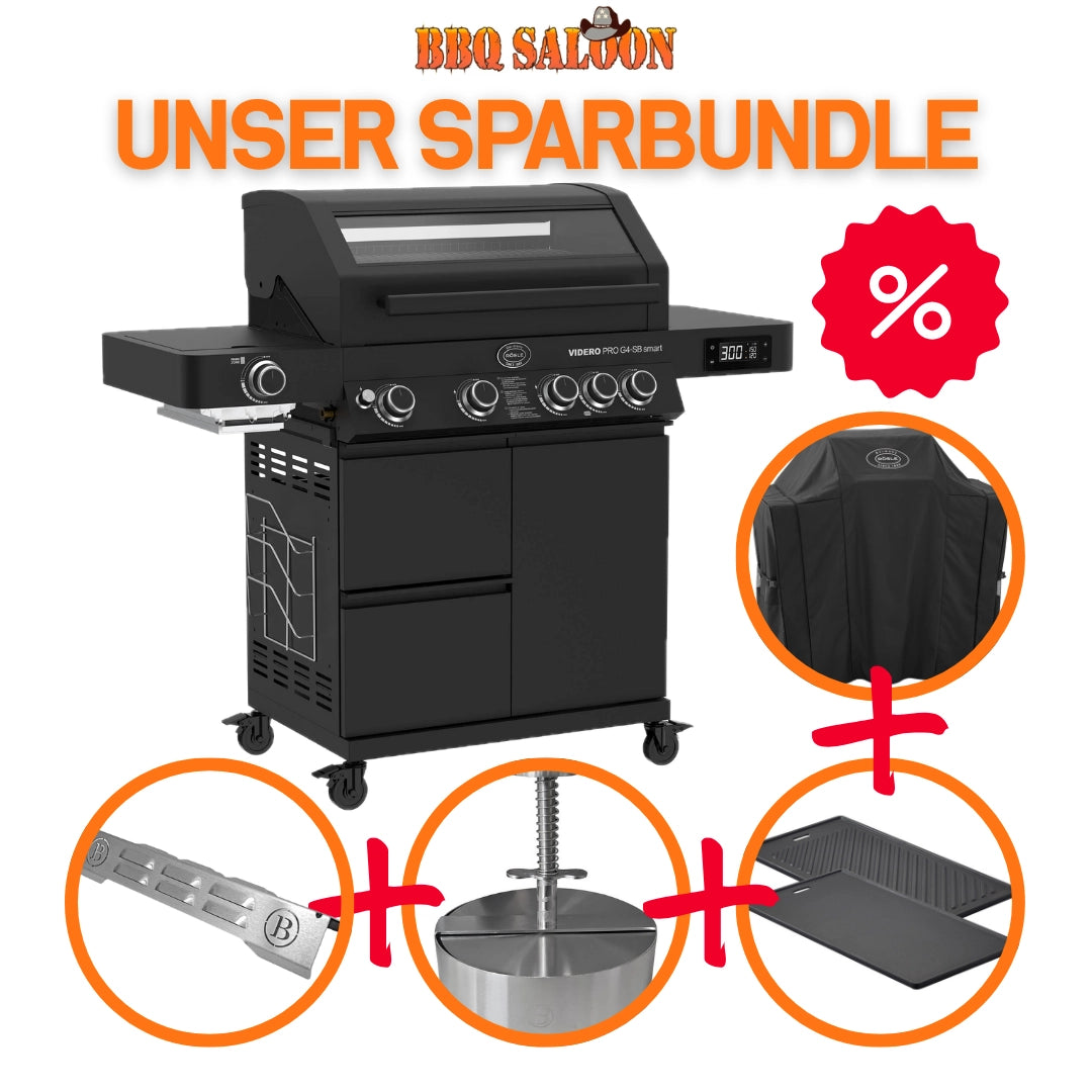 Rösle Videro Pro G4-SB smart Vario+ inkl. Rösle Abdeckhaube, 4x Babossa Flammschutzbleche, Gussplatte & Burger Presse