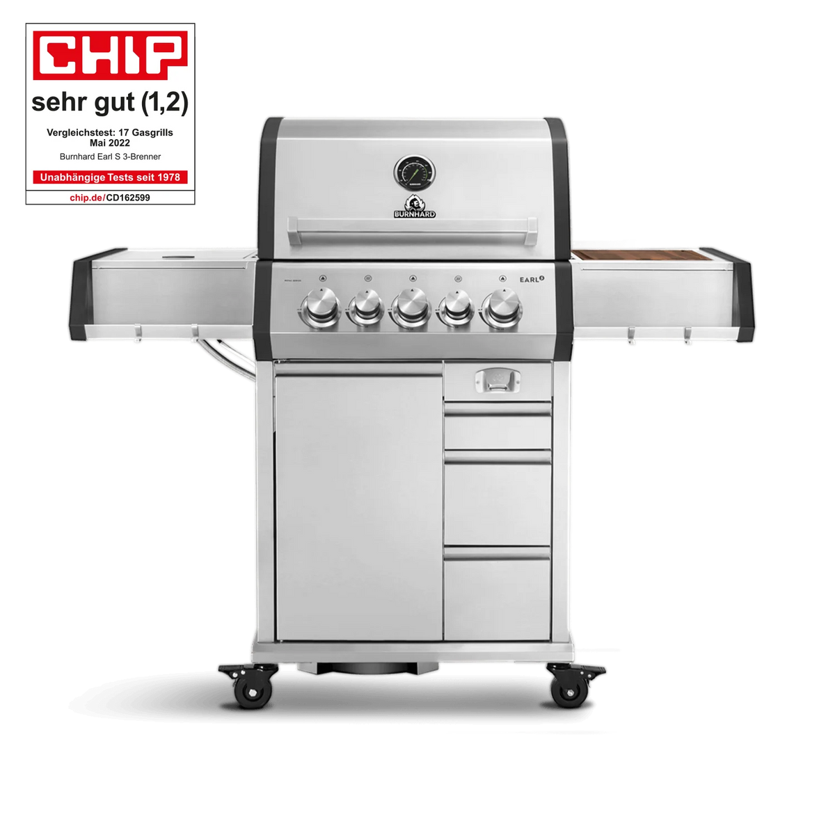 Burnhard EARL Premium-Gasgrill 3-Brenner Edelstahl mit Gusseisenrost