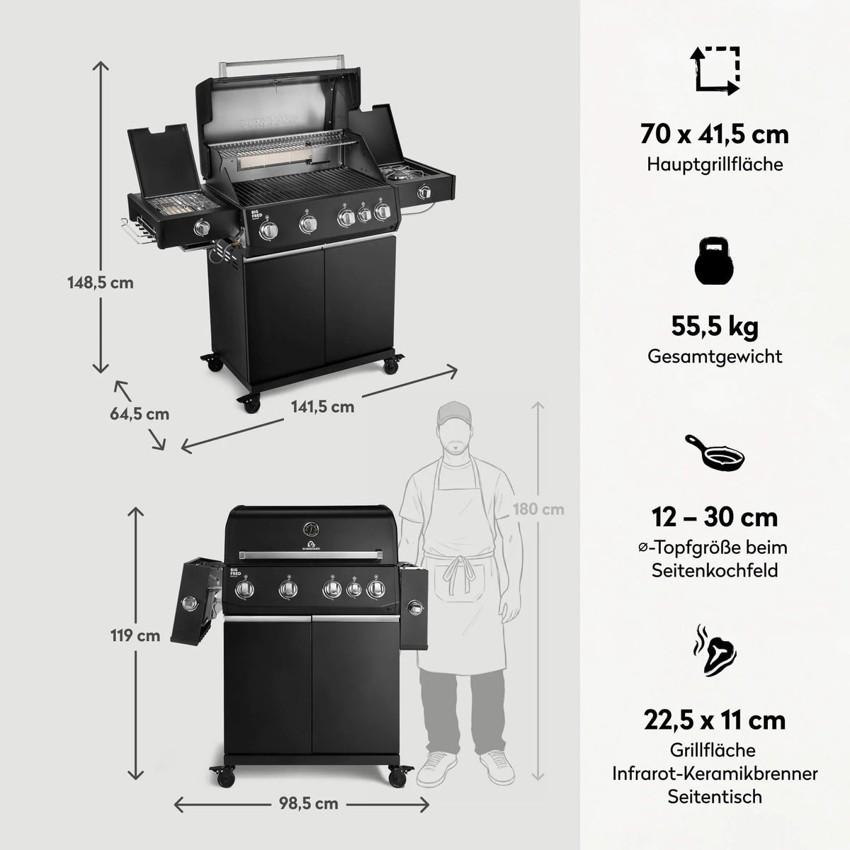 Burnhard Big FRED Deluxe+ Gasgrill Black Edition 4-Brenner mit Gusseisenrost Series 4