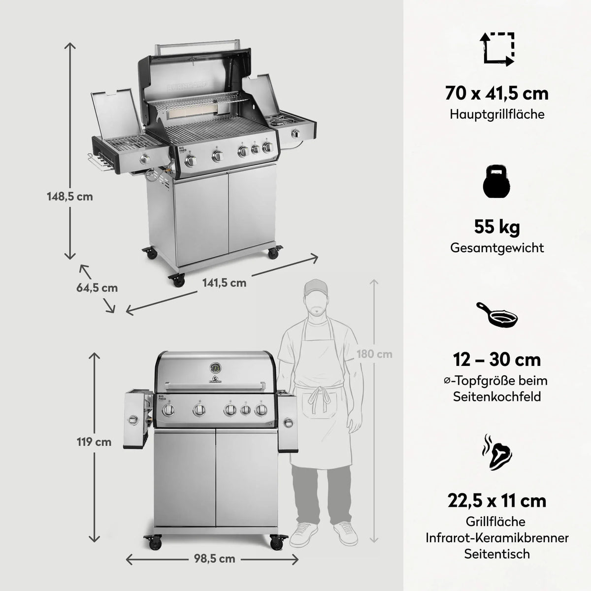 Burnhard Big FRED Deluxe Gasgrill Edelstahl 4-Brenner mit Edelstahlrost Series 4