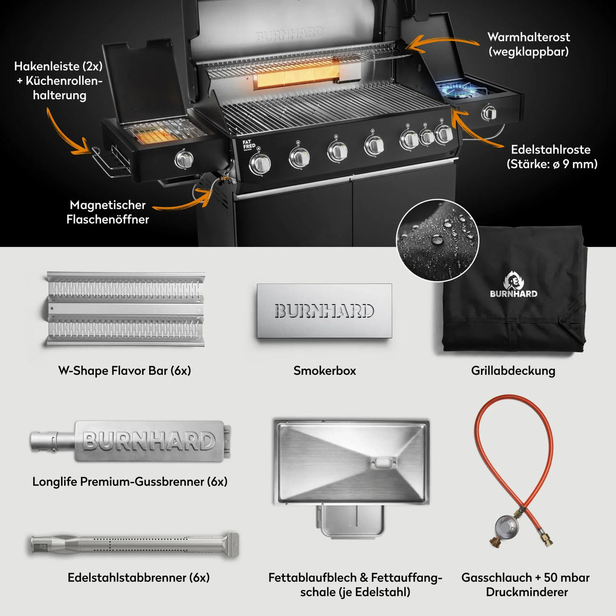 Burnhard Fat FRED Deluxe+ Gasgrill Black Edition 6-Brenner mit Edelstahlrost (Series 4)
