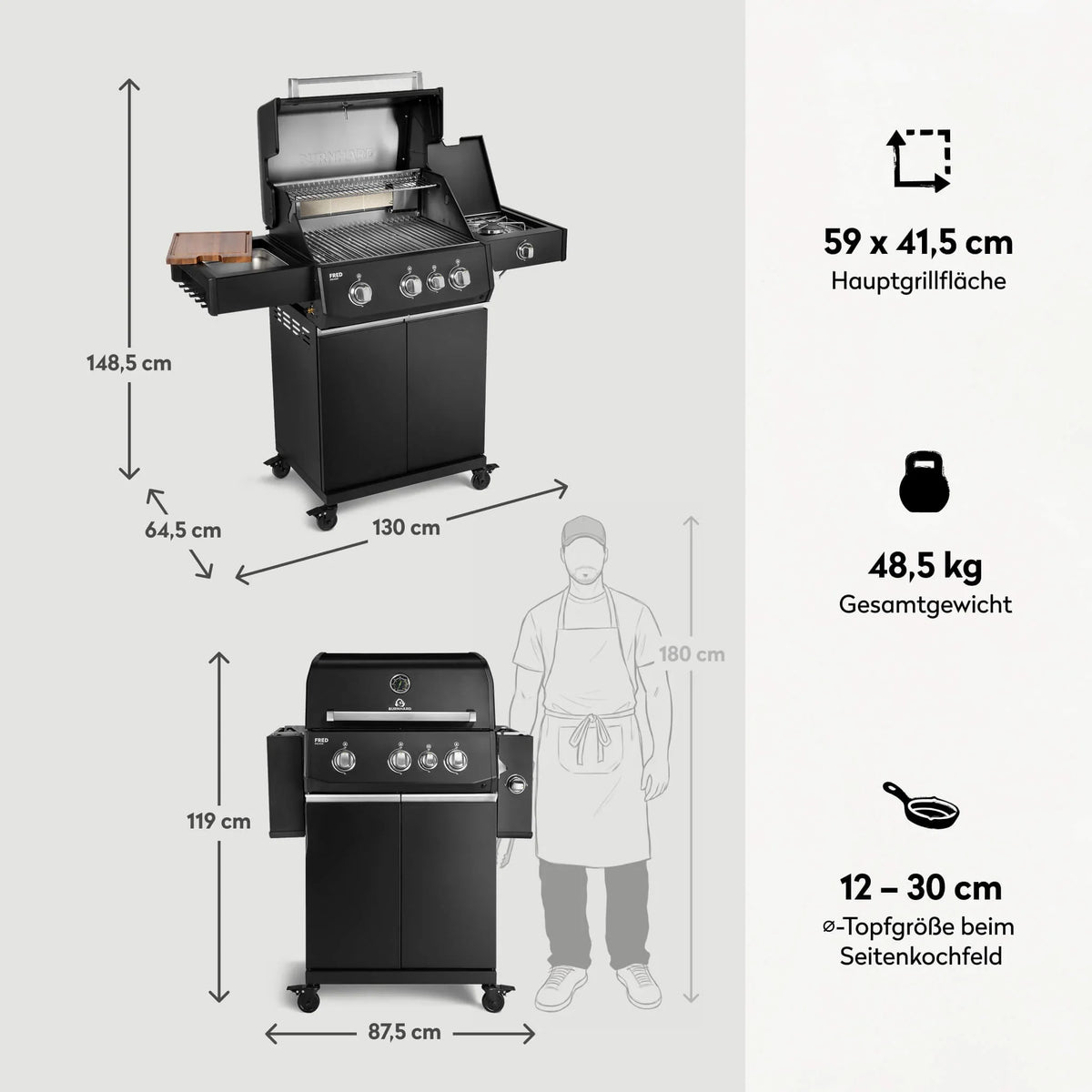 Burnhard FRED Deluxe Gasgrill 3-Brenner Black Edition mit Edelstahlrost Series 4
