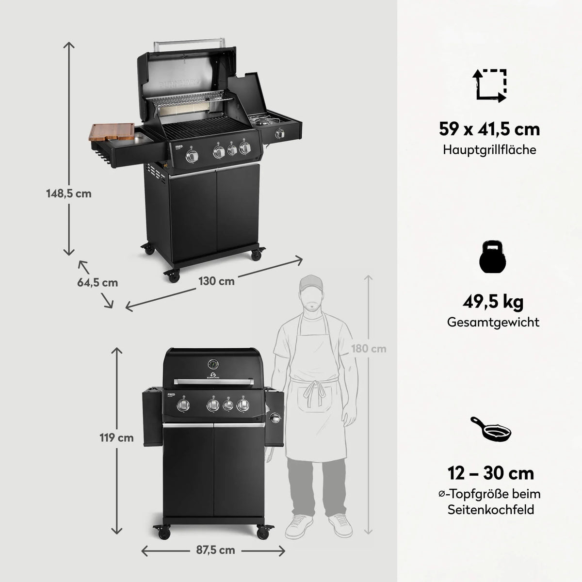 Burnhard FRED Deluxe Gasgrill 3-Brenner Black Edition mit Gusseisenrost Series 4