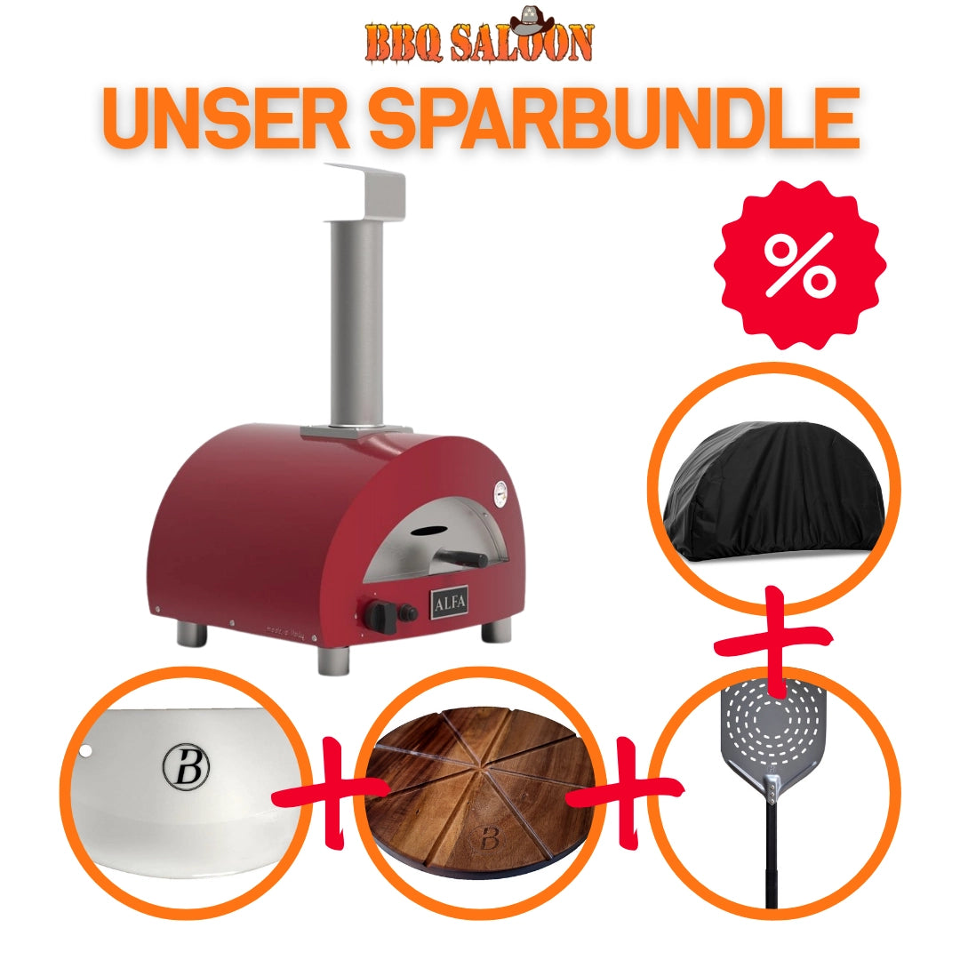 Alfa Portable ROT inkl. Abdeckhaube, Babossa Pizzaschaufel, Teigschaber 2 Stk. & Pizzabrett