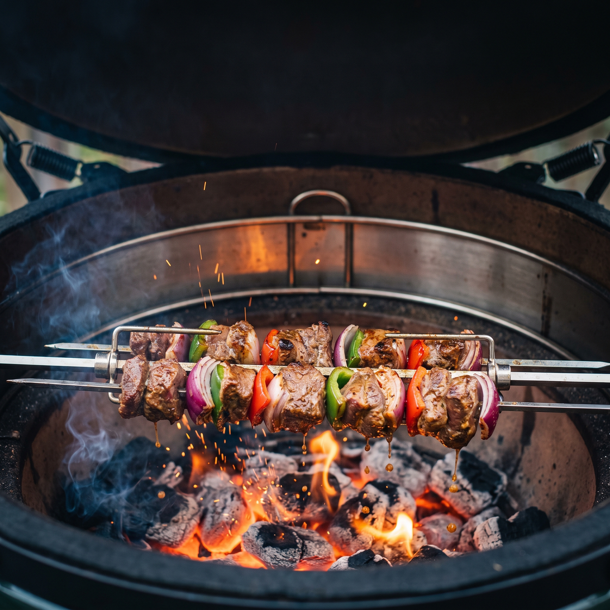 Imbissbuden-Schaschlik auf der Rotisserie im Monolith Keramikgrill