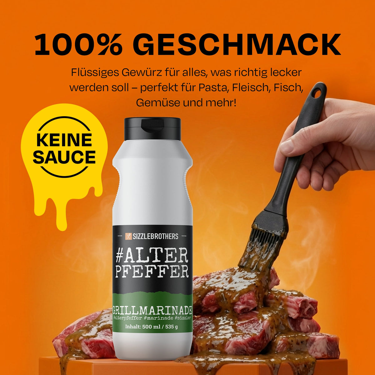 Sizzle Brothers Alter Pfeffer Marinade wird auf ein Steak gepinselt, Grafiktext „100% Geschmack“ und „Keine Sauce“