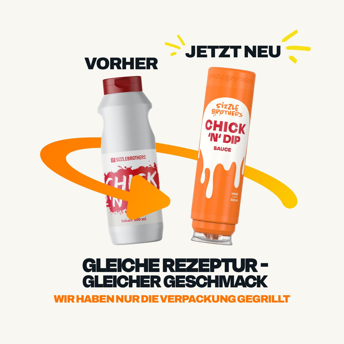 Vorher und jetzt: Chick 'n' Dip Sauce in alter weißer und neuer orangefarbener Flasche, Rezeptur unverändert