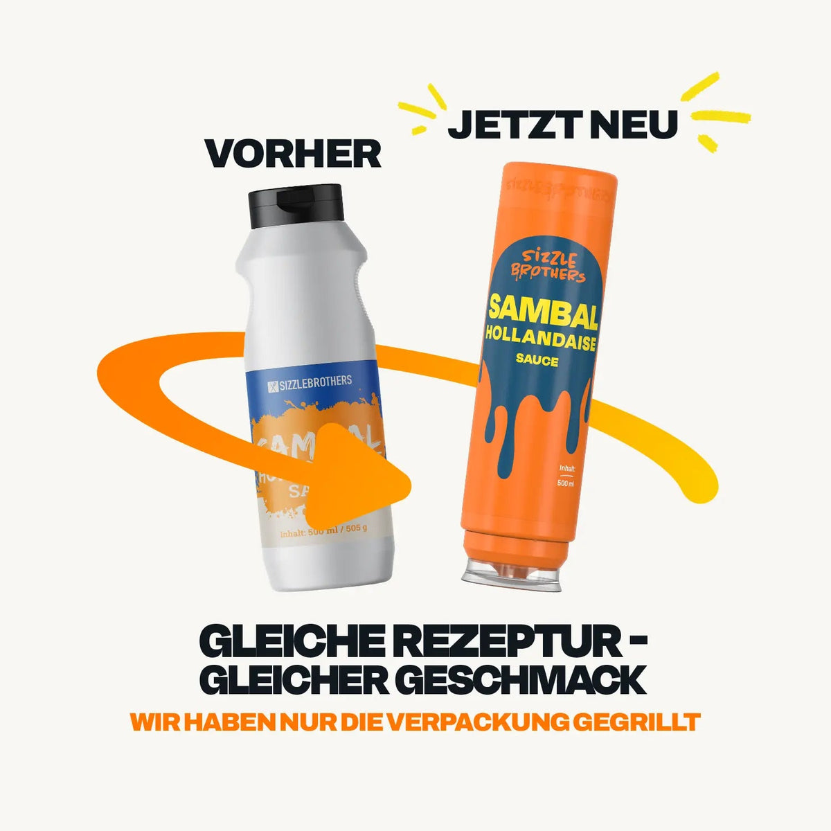 Vorher und jetzt: weiße und orange Flasche der Sizzle Brothers Sambal-Hollandaise, laut Text gleiche Rezeptur