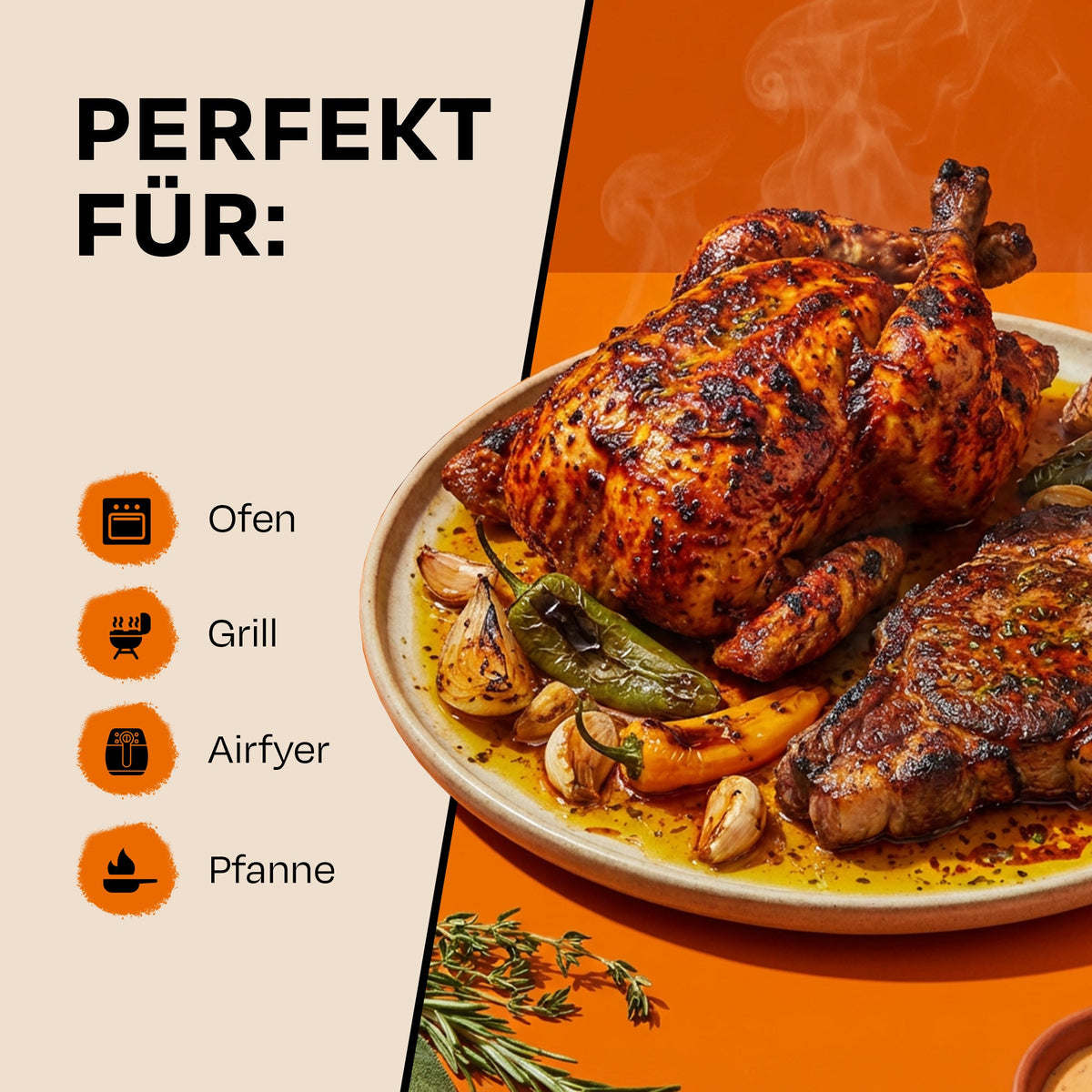 Sizzle Brothers Premium Trüffel Marinade, Grafik mit Hähnchen und Steak: für Ofen, Grill, Airfryer und Pfanne