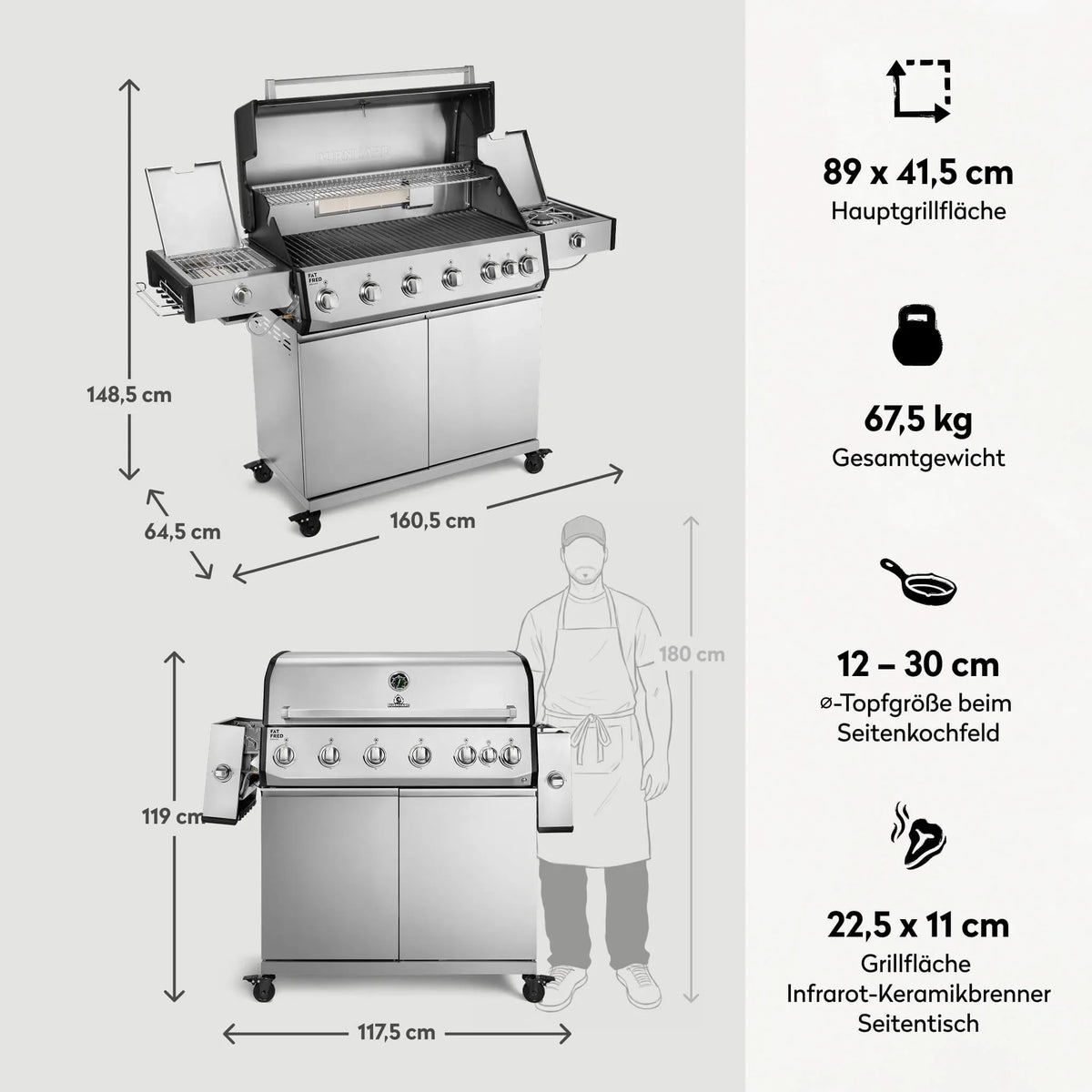 Burnhard Fat FRED Deluxe+ Gasgrill 6-Brenner Edelstahl mit Gusseisenrost Series 4
