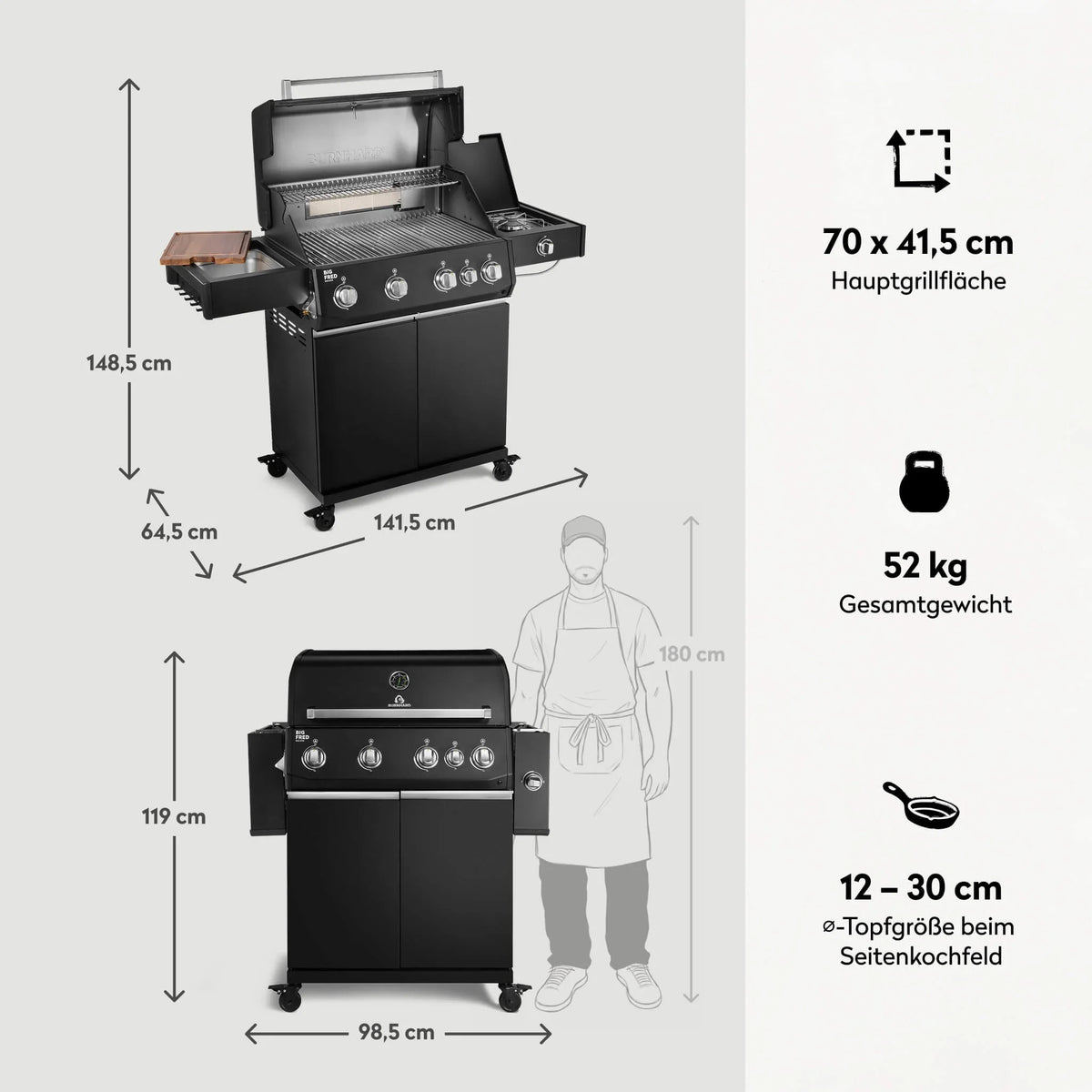 Burnhard Big FRED Deluxe Gasgrill Black Edition 4-Brenner mit Edelstahlrost Series 4
