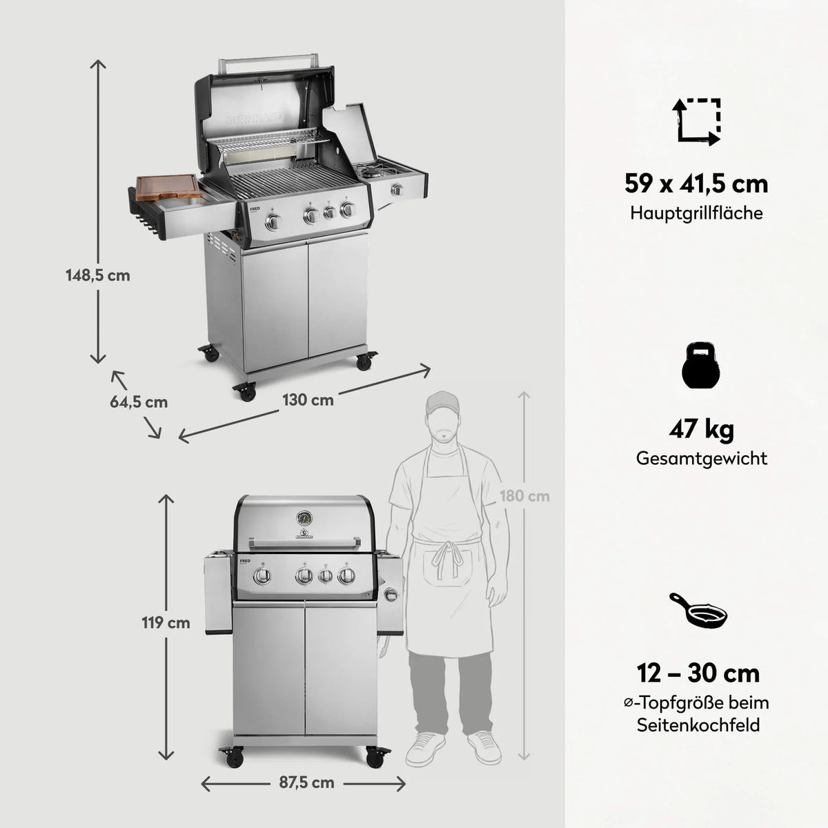 Burnhard FRED Deluxe Gasgrill 3-Brenner Edelstahl mit Gusseisenrost Series 4