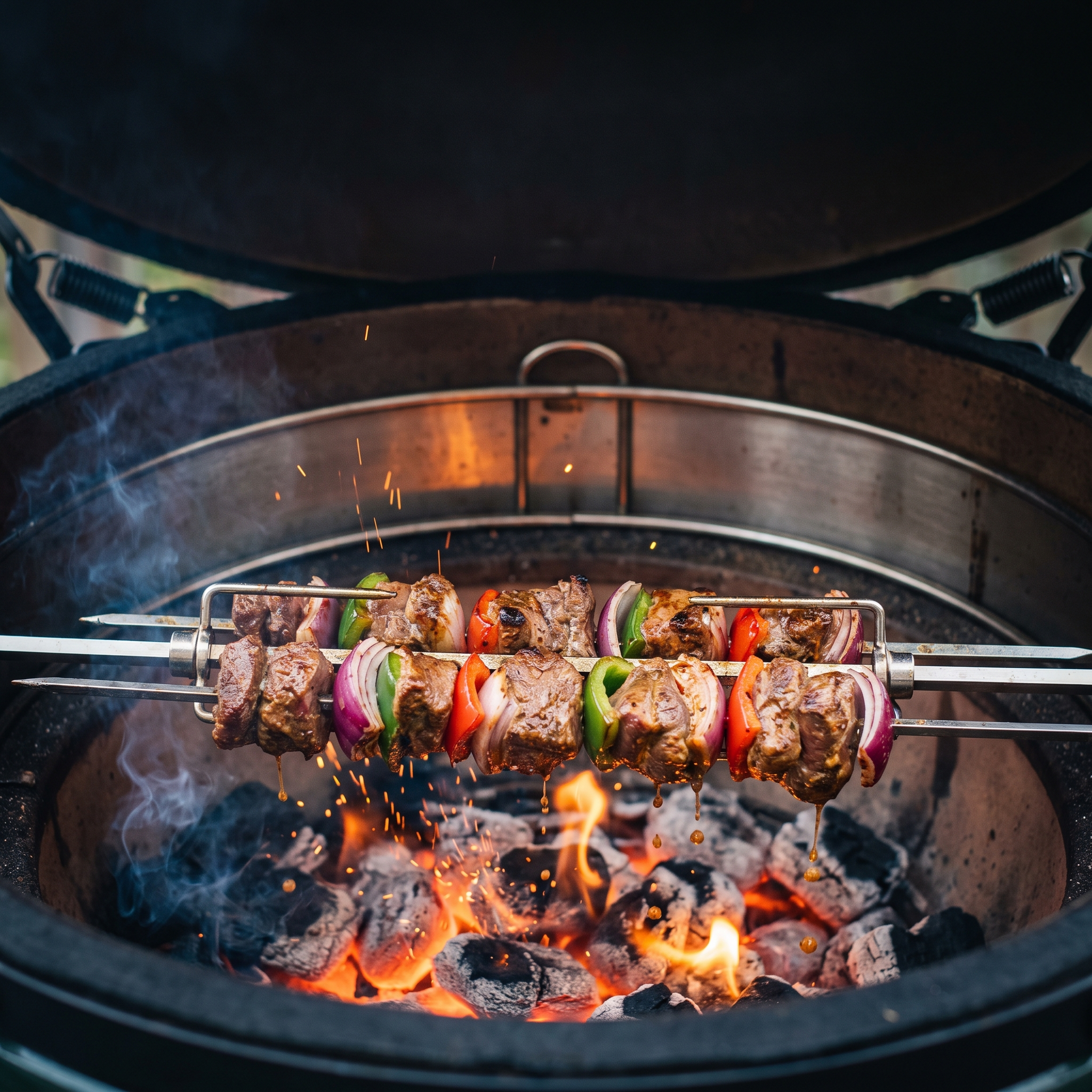 Imbissbuden-Schaschlik auf der Rotisserie im Monolith Keramikgrill