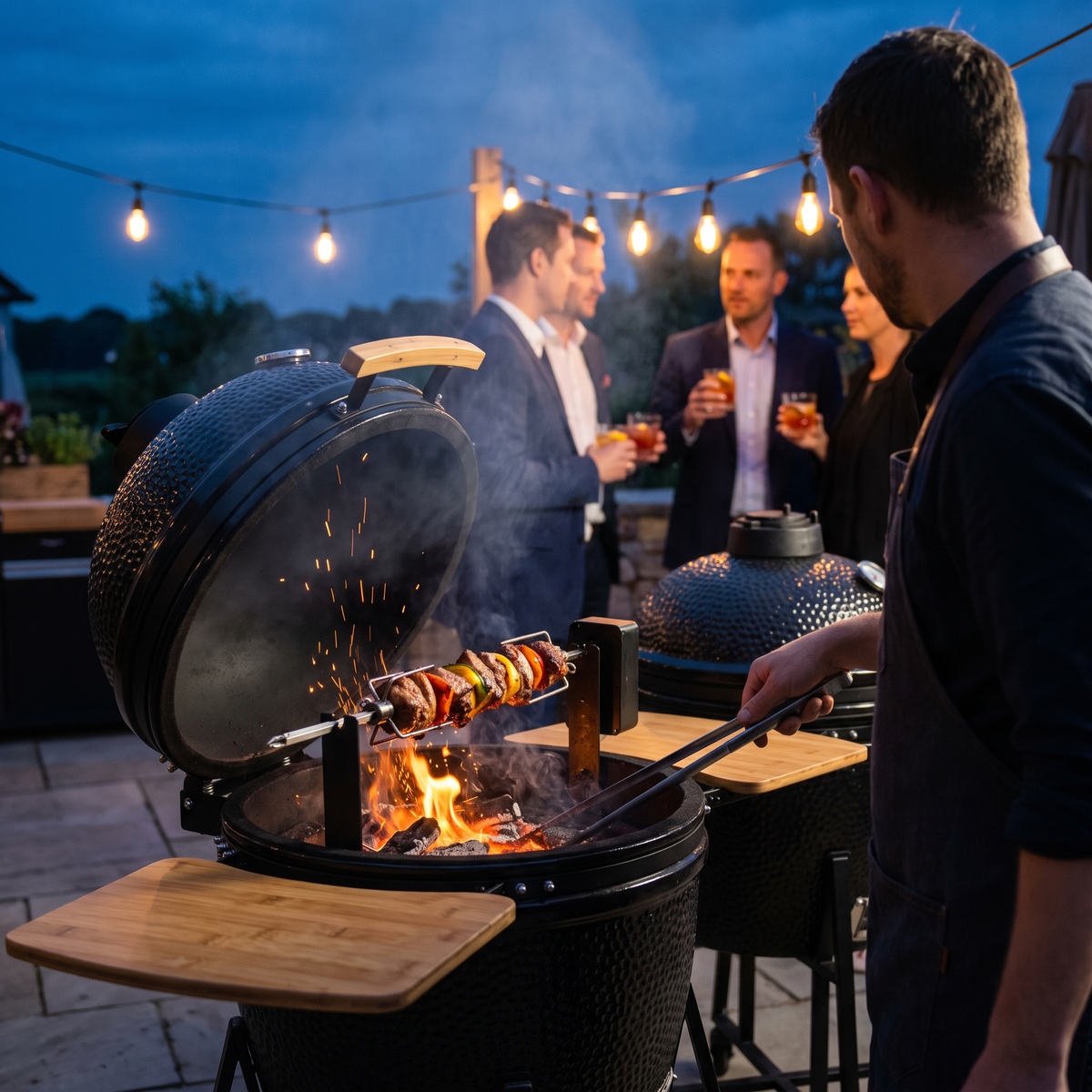 Monolith Keramikgrills mit Rotisserie auf der Terrasse – Grillseminar am Abend